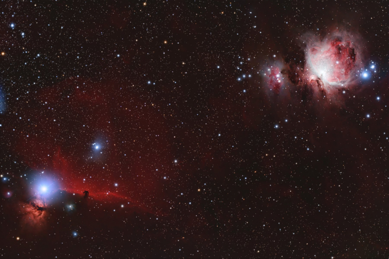 Orion-Region mit M42, M43, Running Man, Pferdekopf- und Flammennebel
